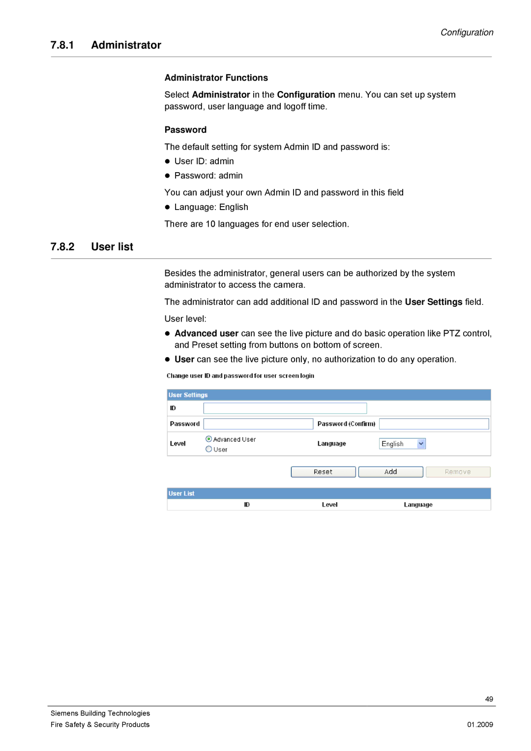 Siemens CCMX1315-LP configurationmanual User list, Administrator Functions, Password 