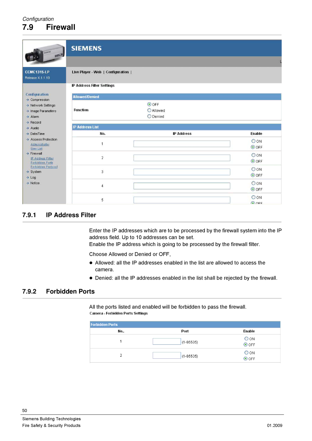 Siemens CCMX1315-LP configurationmanual Firewall, IP Address Filter, Forbidden Ports 