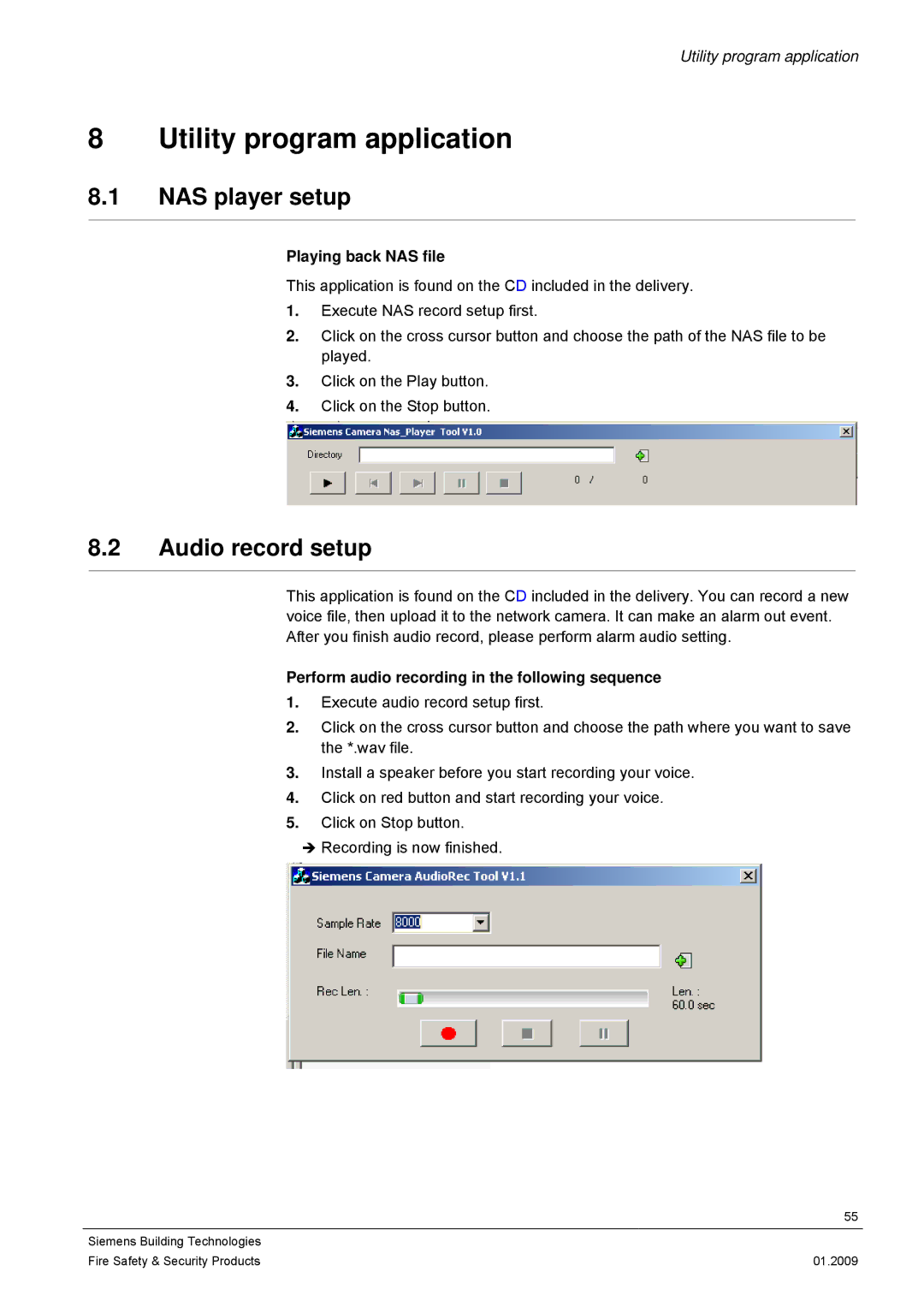 Siemens CCMX1315-LP Utility program application, NAS player setup, Audio record setup, Playing back NAS file 