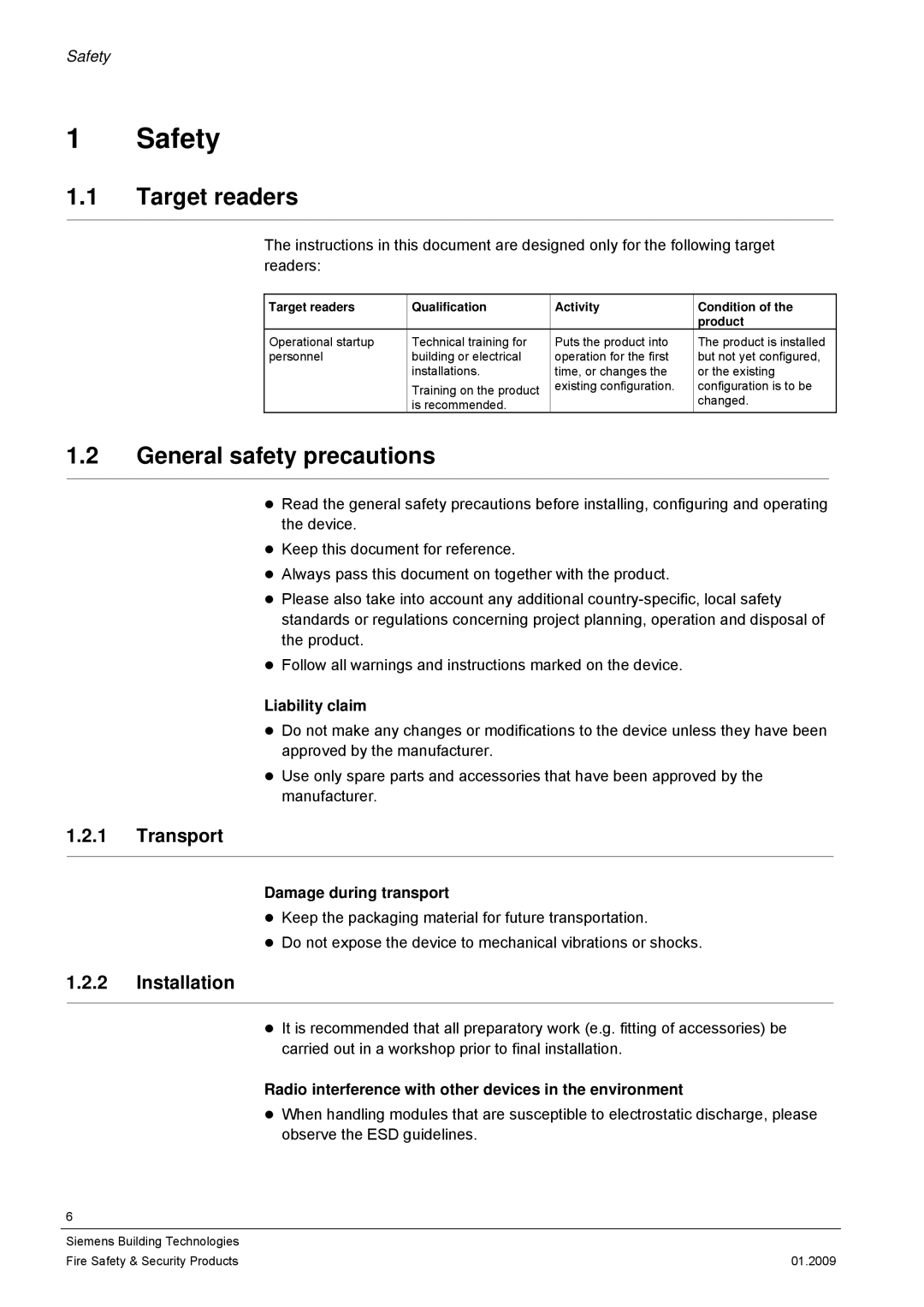 Siemens CCMX1315-LP configurationmanual Safety, Target readers, General safety precautions, Transport, Installation 