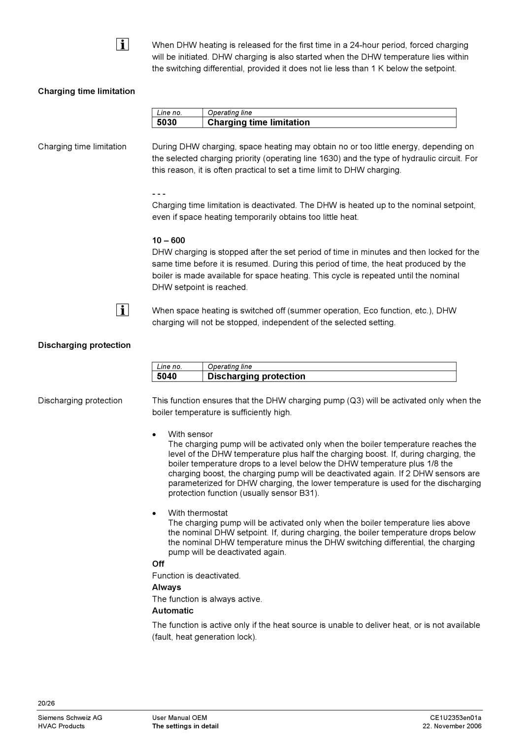 Siemens CE1U2353en01a user manual Charging time limitation, Discharging protection, Off, Always, Automatic 