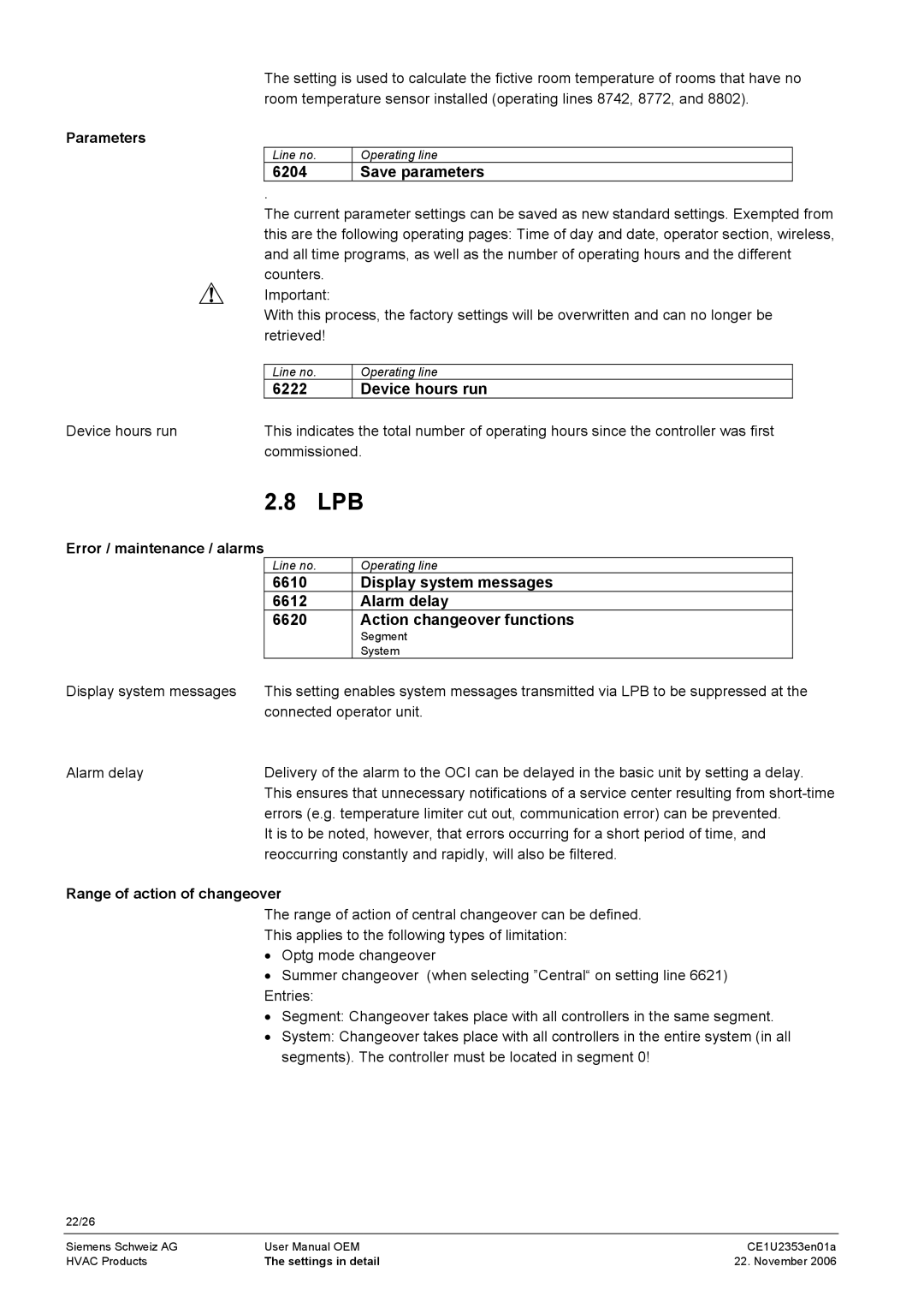 Siemens CE1U2353en01a user manual Parameters, Device hours run, Range of action of changeover 