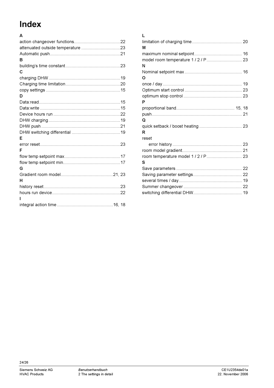 Siemens CE1U2353en01a user manual Index, Reset 