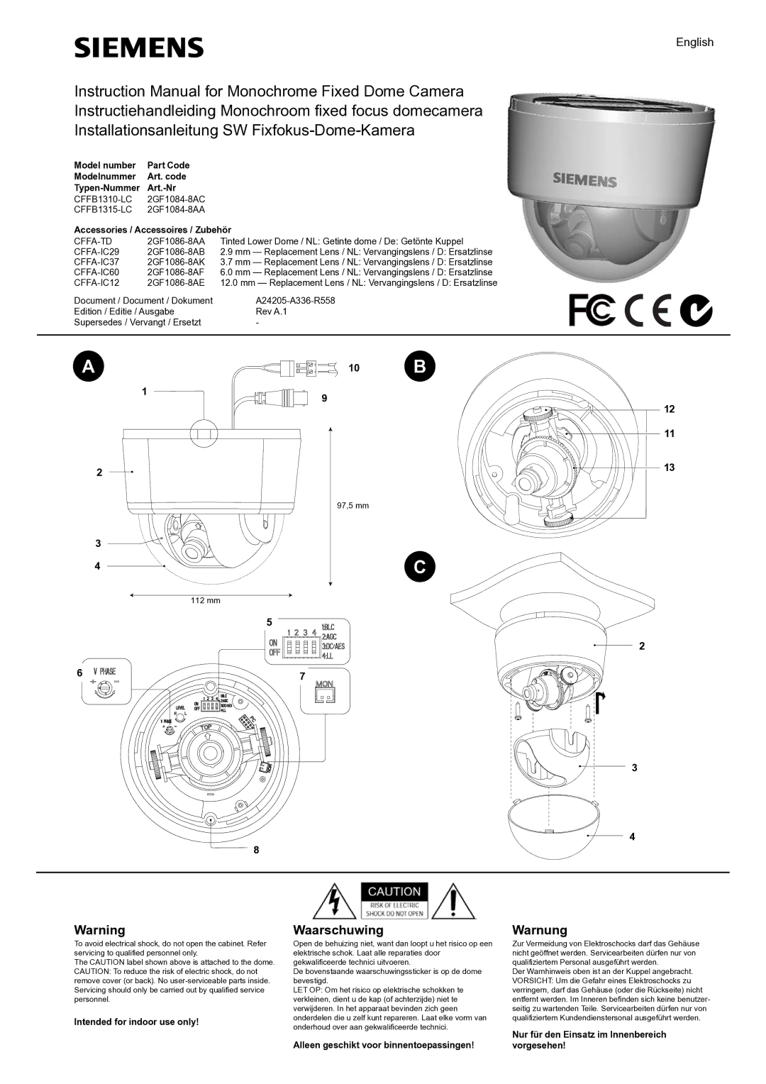 Siemens CFFC1310-LP instruction manual Waarschuwing 