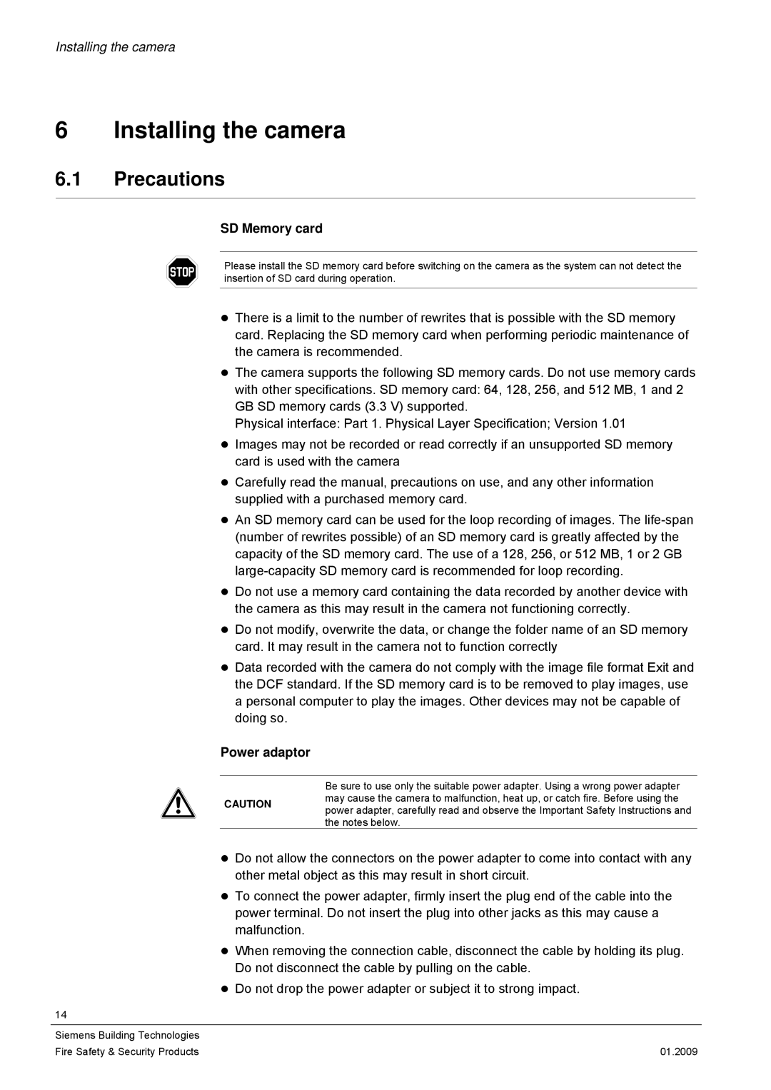 Siemens CFMC1315-LP configurationmanual Installing the camera, Precautions, SD Memory card, Power adaptor 