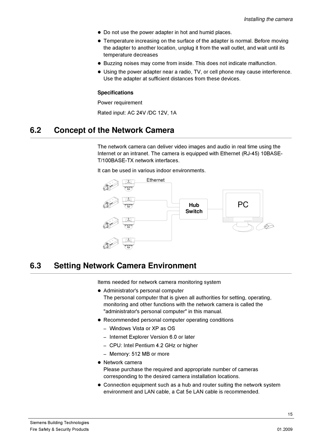 Siemens CFMC1315-LP Concept of the Network Camera, Setting Network Camera Environment, Specifications, Hub, Switch 