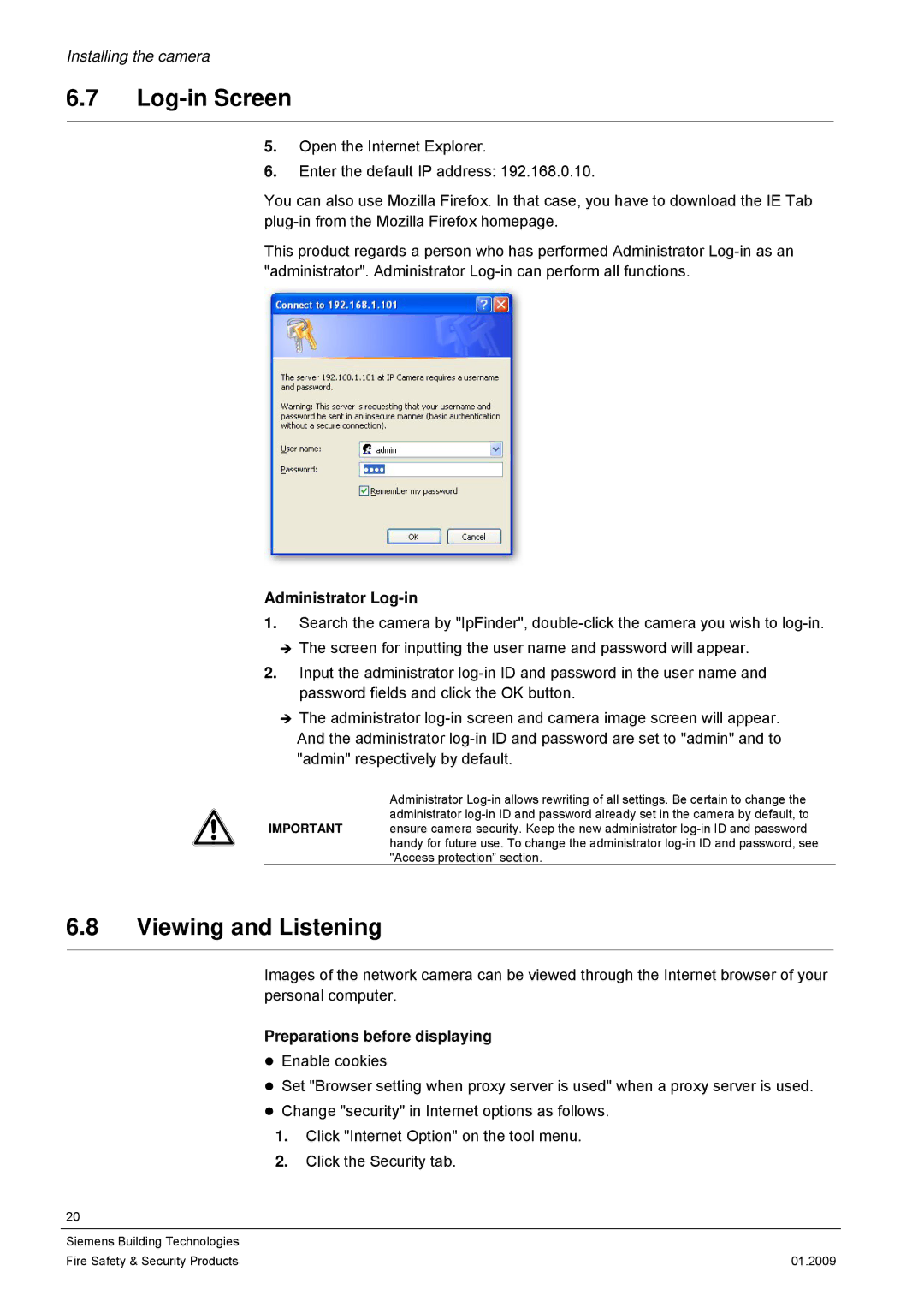 Siemens CFMC1315-LP Log-in Screen, Viewing and Listening, Administrator Log-in, Preparations before displaying 