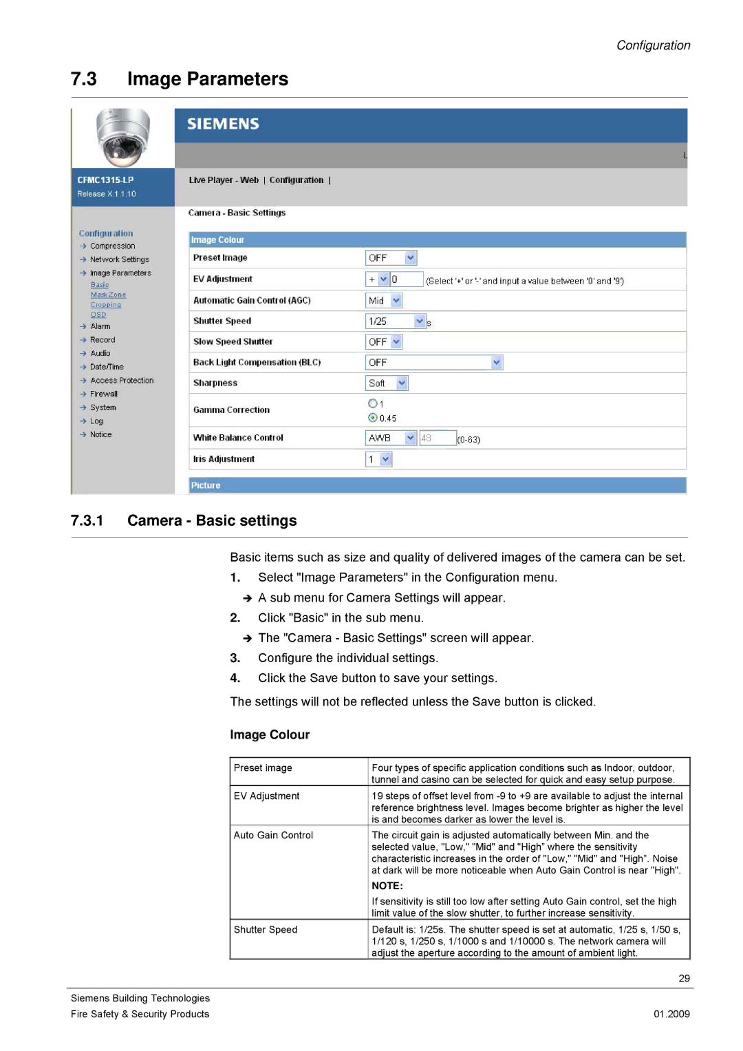 Siemens CFMC1315-LP configurationmanual Image Parameters, Camera Basic settings, Image Colour 