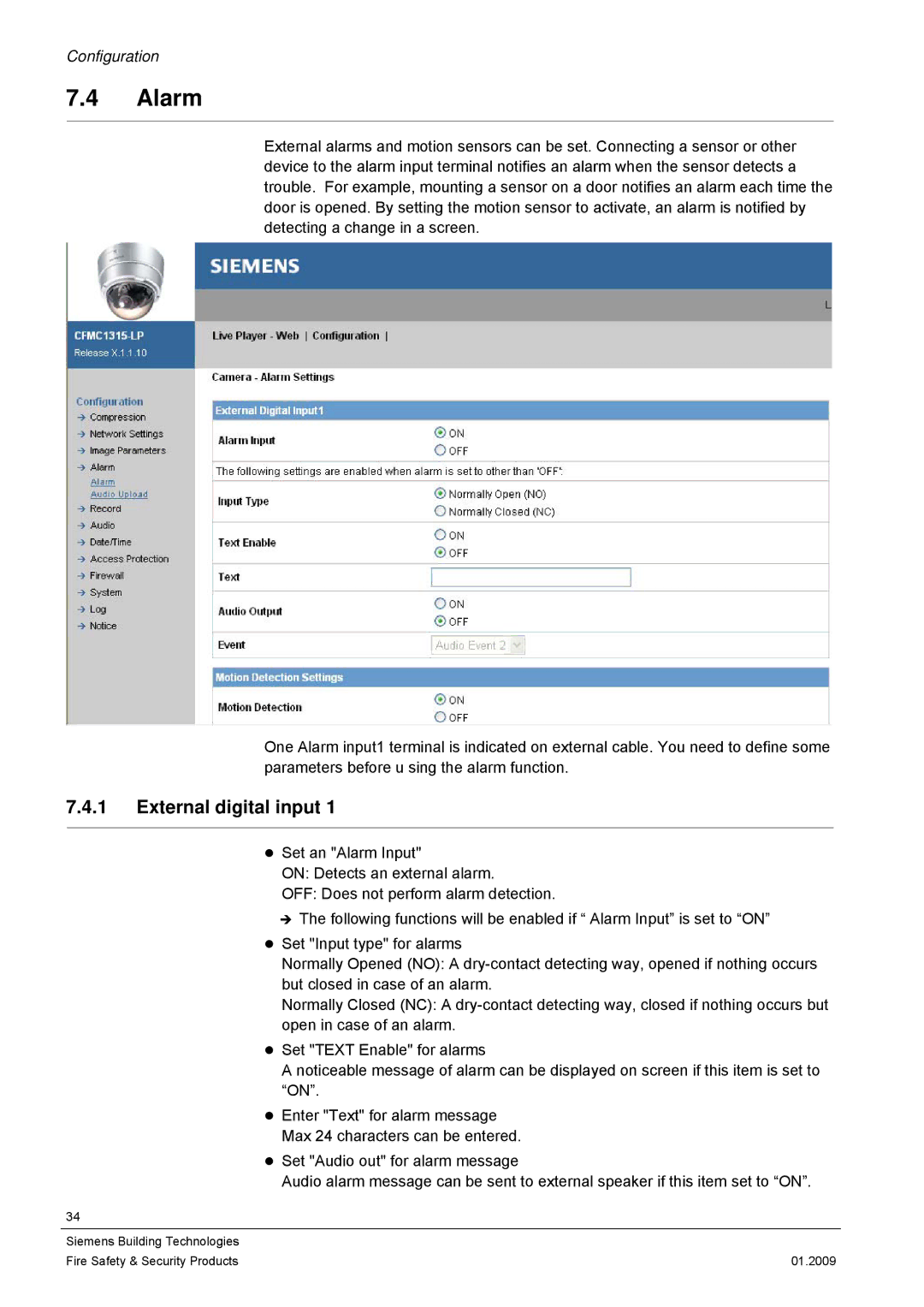 Siemens CFMC1315-LP configurationmanual Alarm, External digital input 