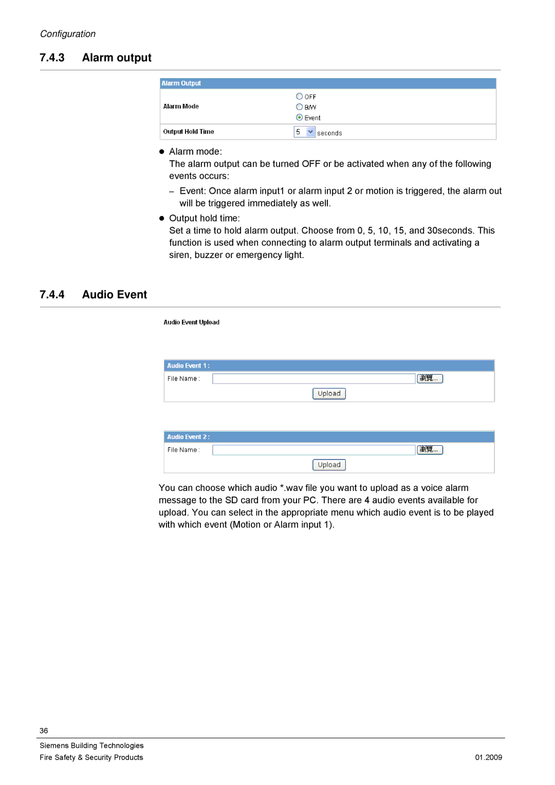 Siemens CFMC1315-LP configurationmanual Alarm output, Audio Event 