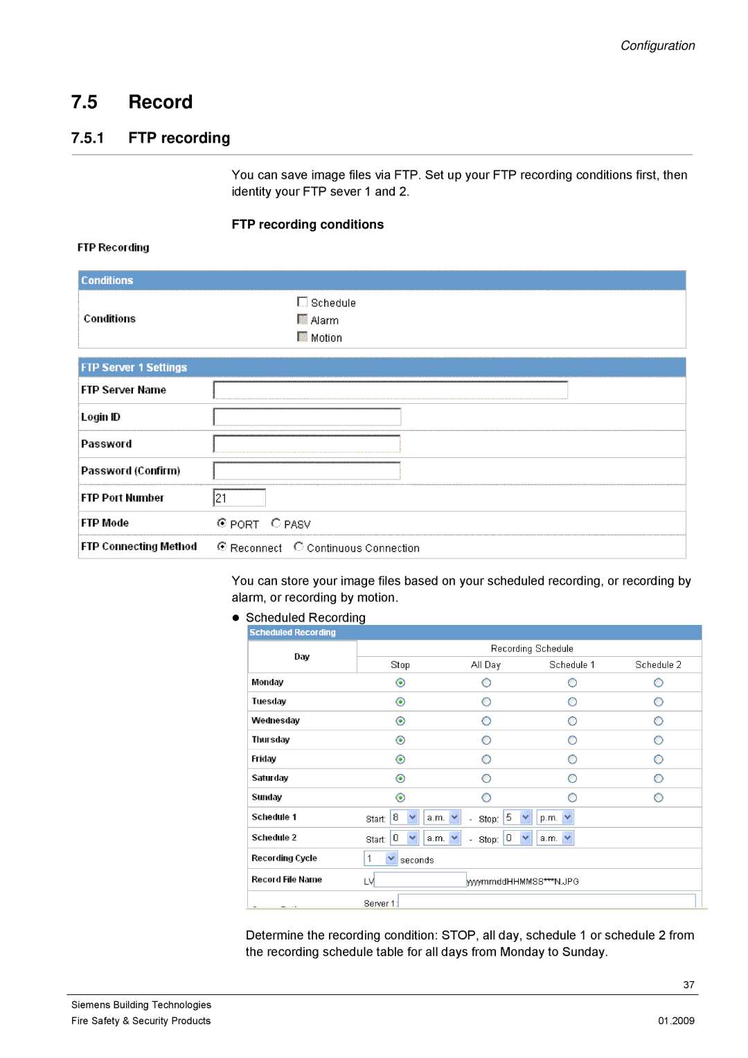 Siemens CFMC1315-LP configurationmanual Record, FTP recording conditions 