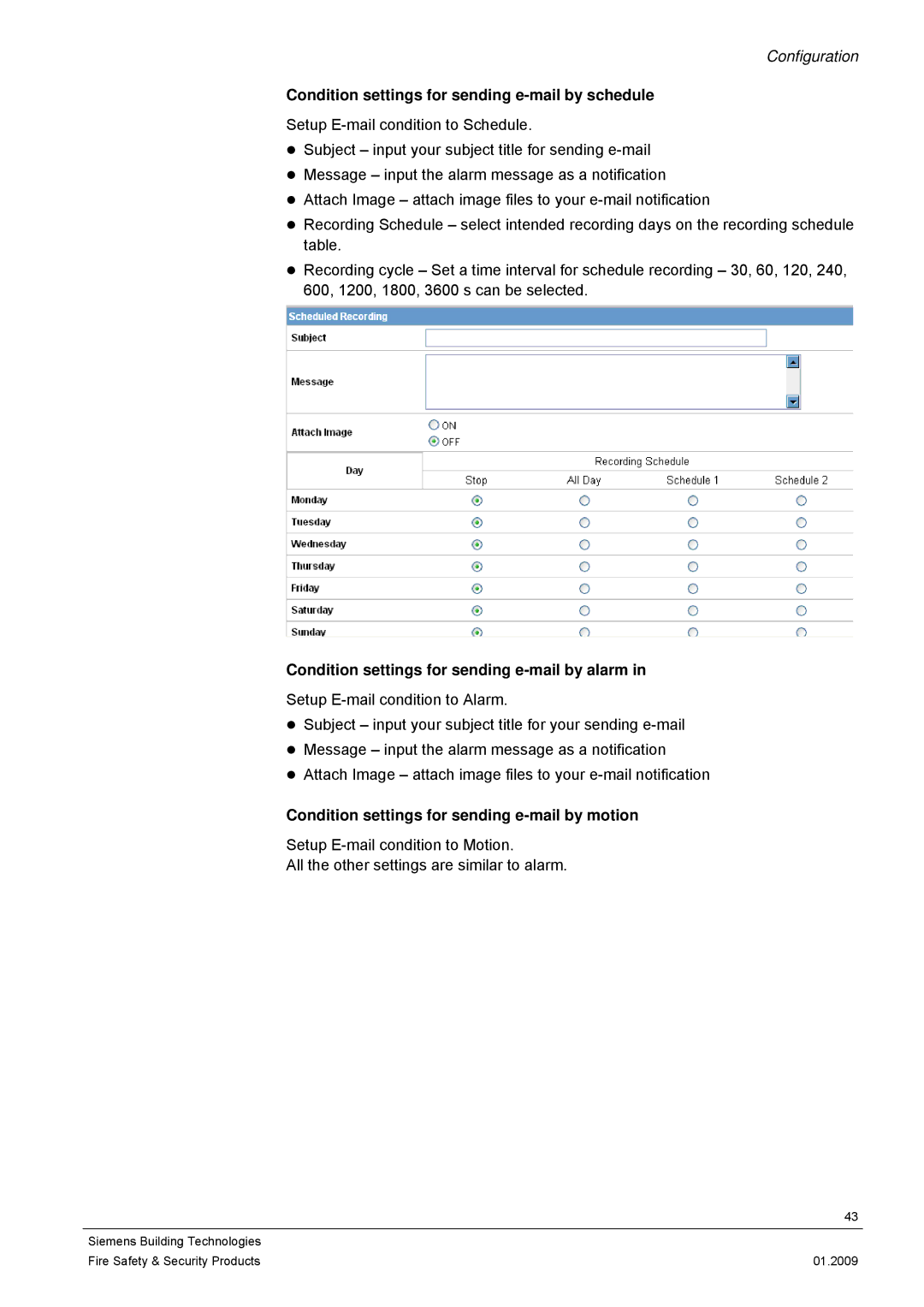 Siemens CFMC1315-LP Condition settings for sending e-mail by schedule, Condition settings for sending e-mail by alarm 