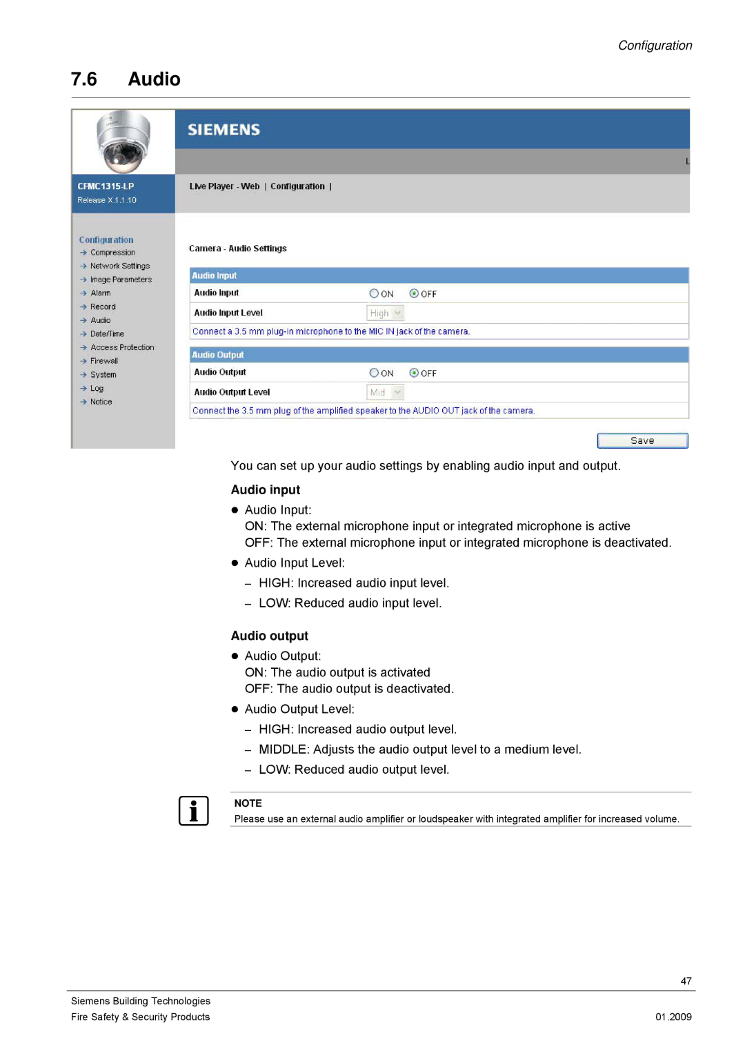 Siemens CFMC1315-LP configurationmanual Audio input, Audio output 