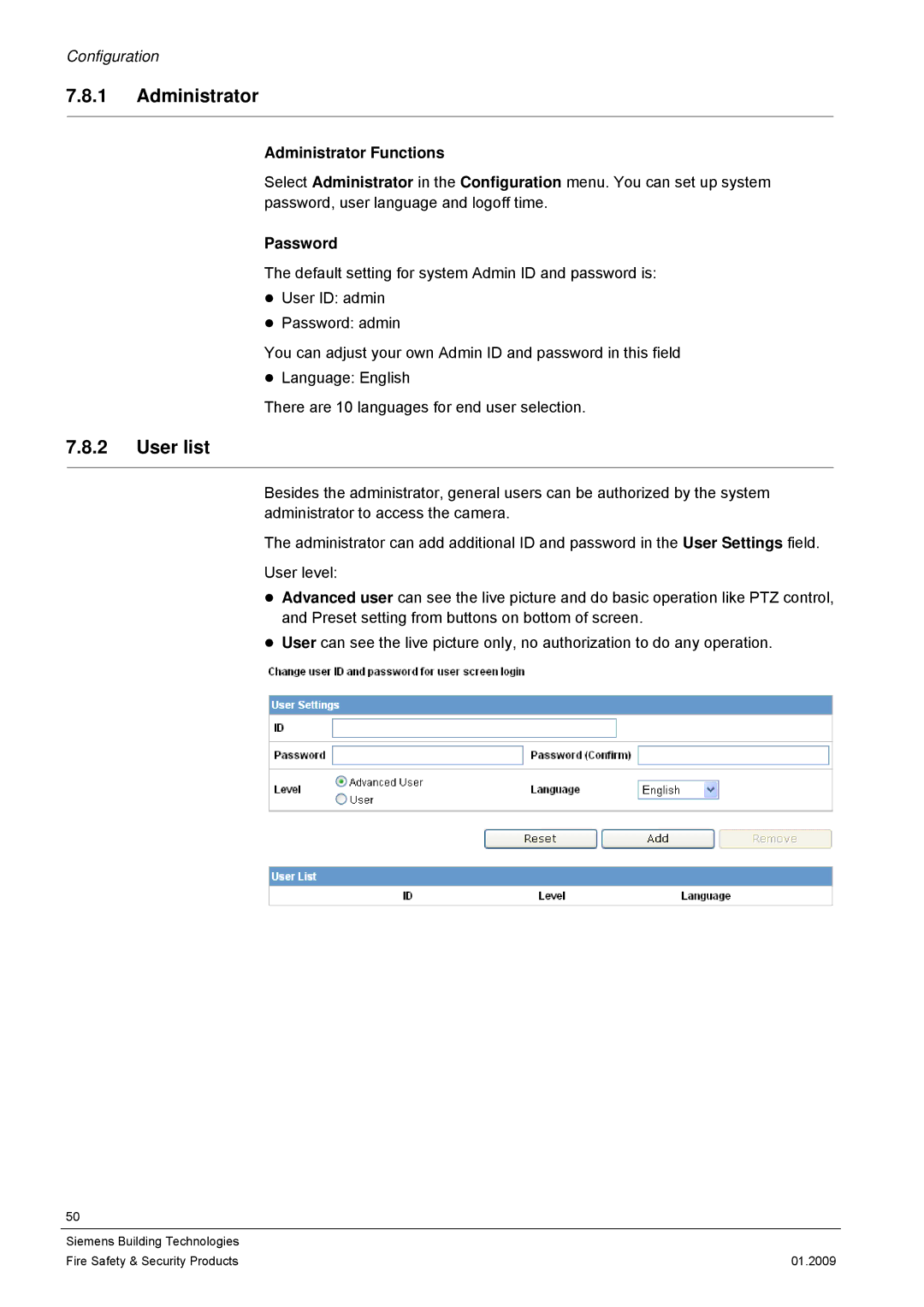 Siemens CFMC1315-LP configurationmanual User list, Administrator Functions, Password 