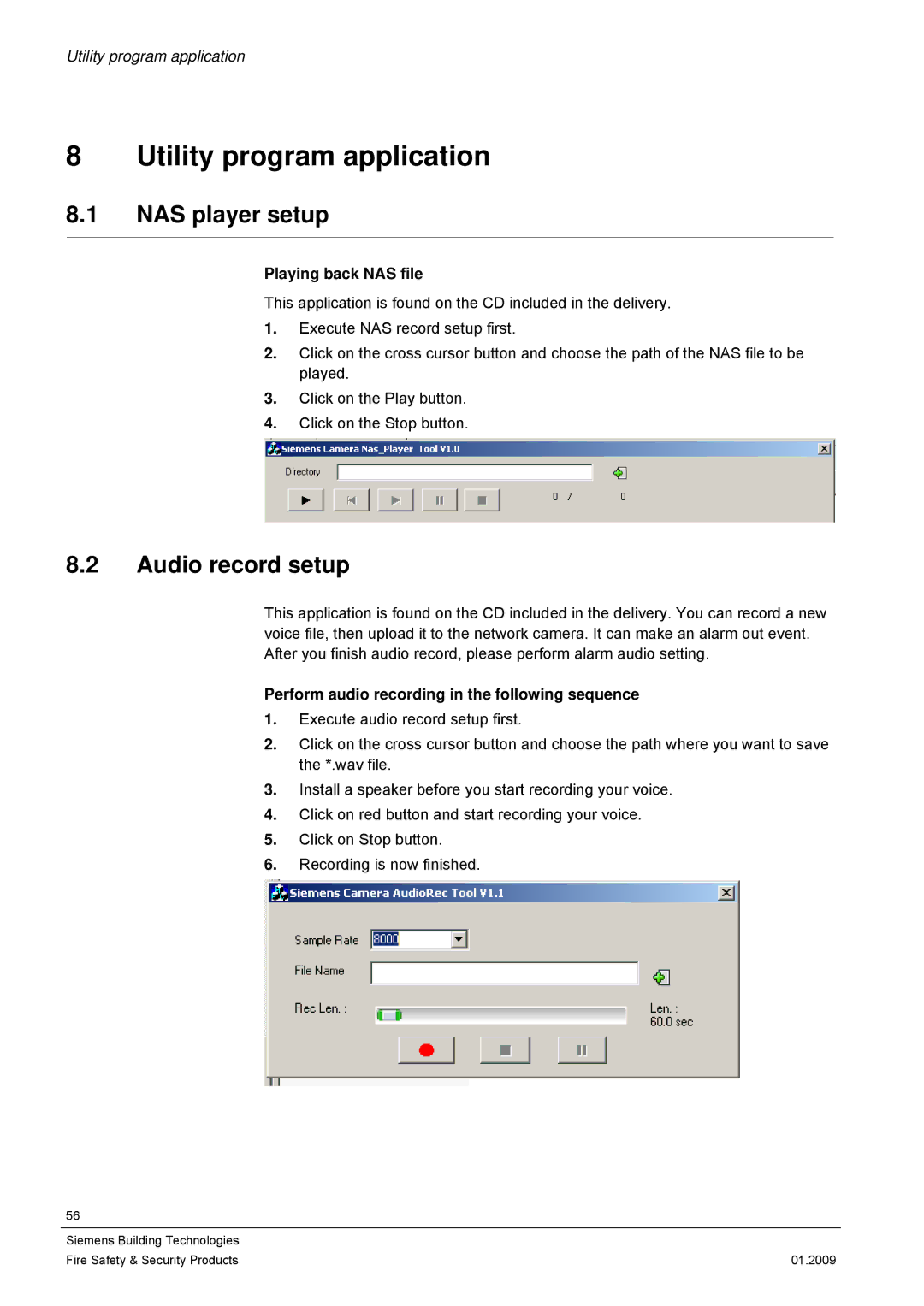 Siemens CFMC1315-LP Utility program application, NAS player setup, Audio record setup, Playing back NAS file 