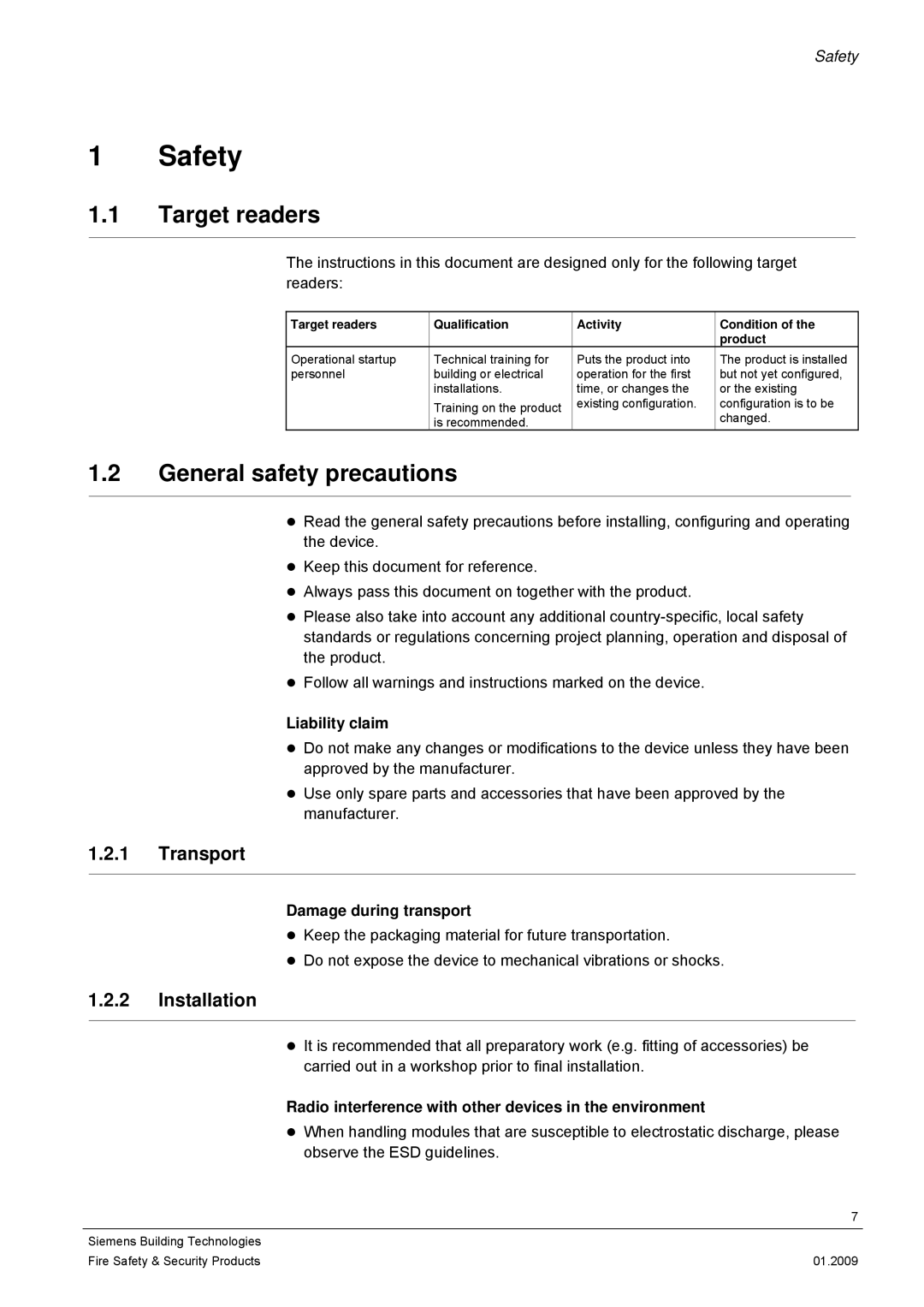 Siemens CFMC1315-LP configurationmanual Safety, Target readers, General safety precautions, Transport, Installation 