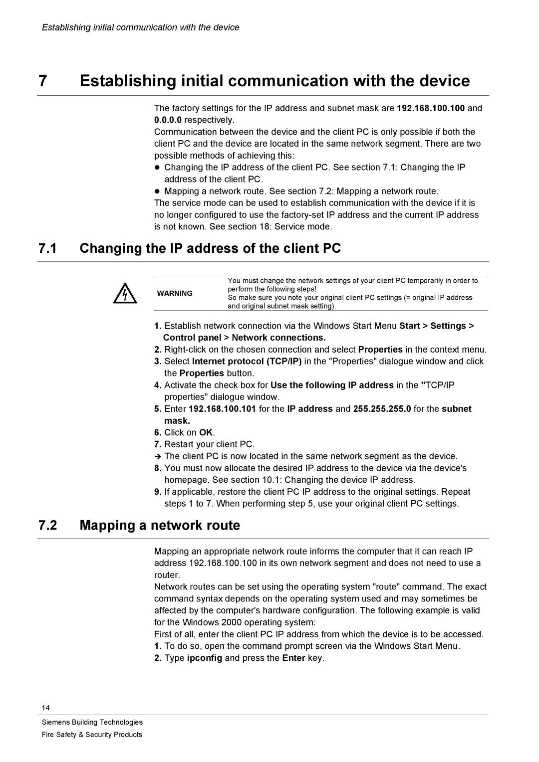 Siemens CFVA-IP user manual Establishing initial communication with the device, Changing the IP address of the client PC 