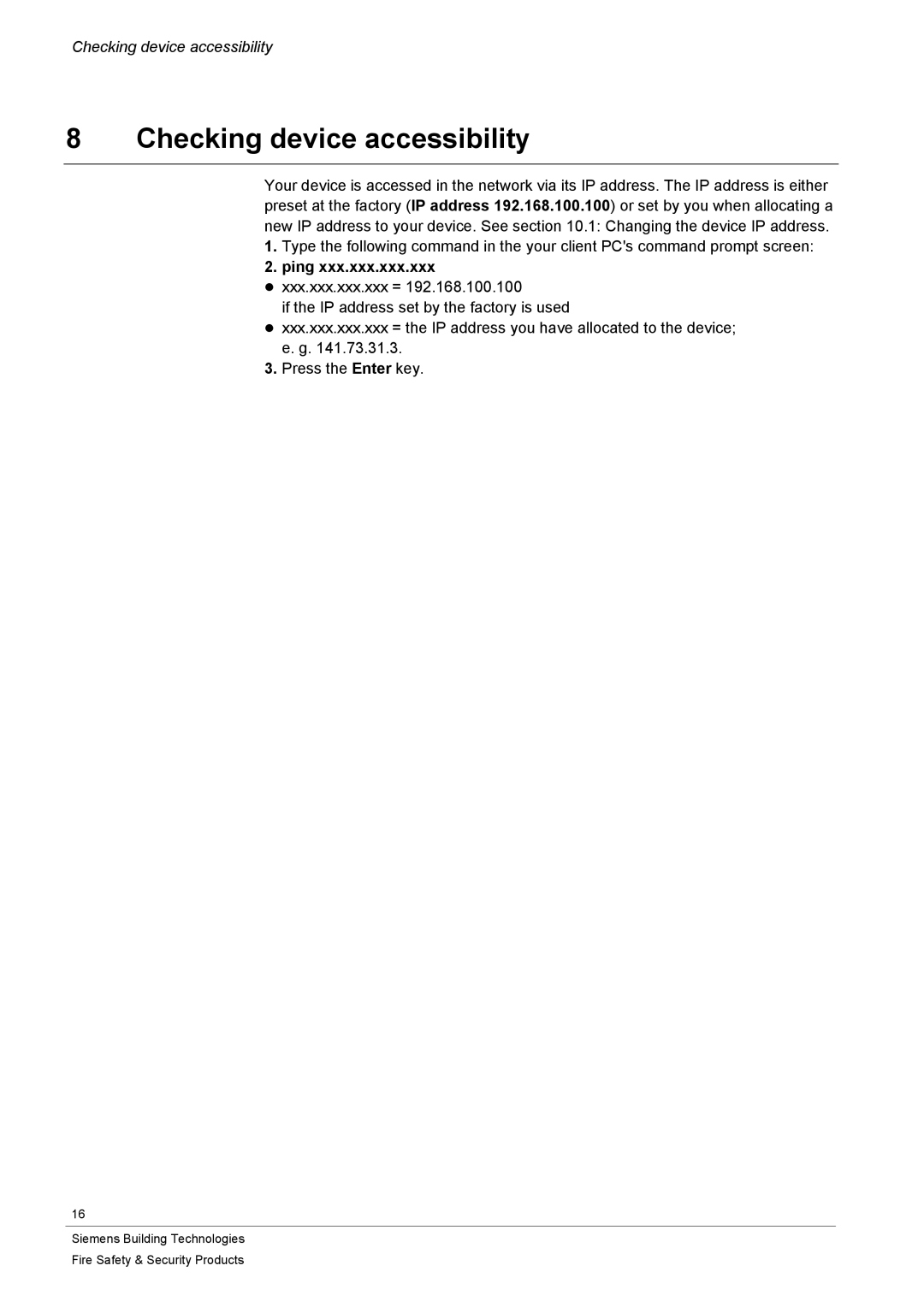 Siemens CFVA-IP user manual Checking device accessibility, Ping xxx.xxx.xxx.xxx xxx.xxx.xxx.xxx = 