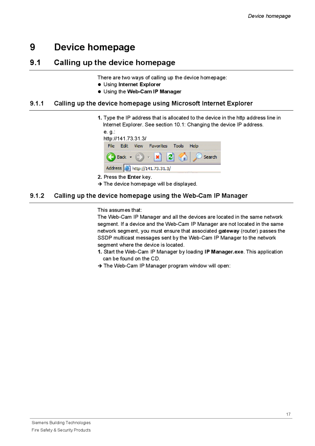 Siemens CFVA-IP Device homepage, Calling up the device homepage, Using Internet Explorer Using the Web-Cam IP Manager 