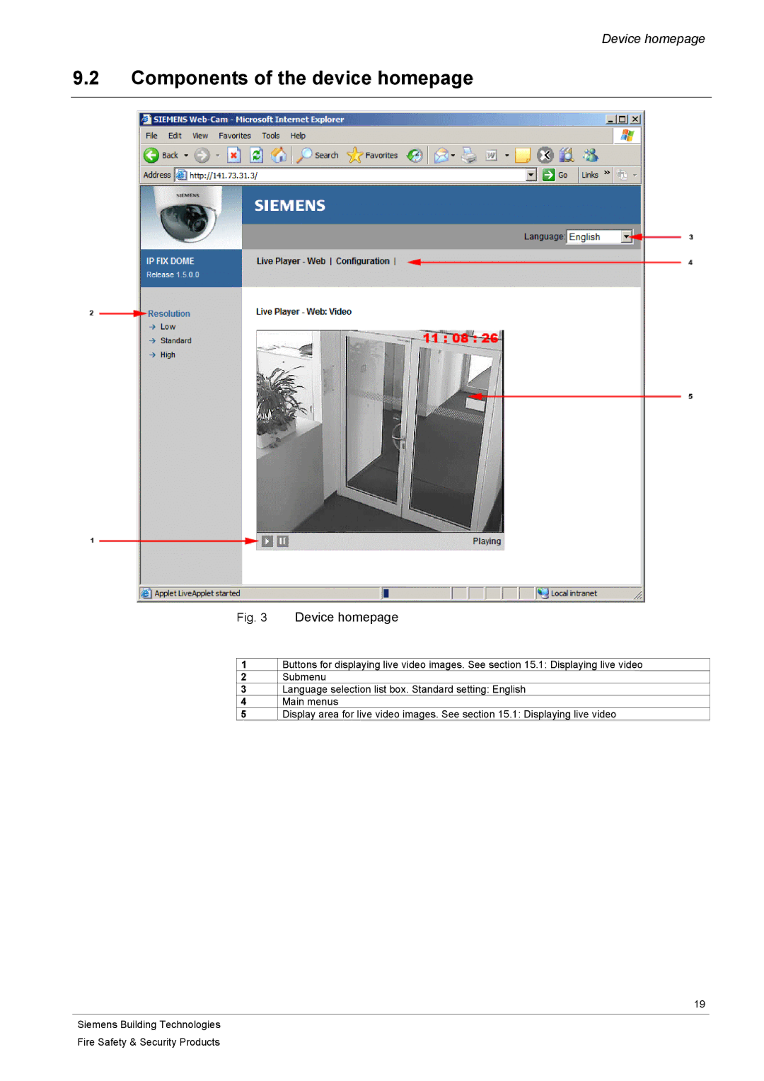 Siemens CFVA-IP user manual Components of the device homepage, Device homepage 