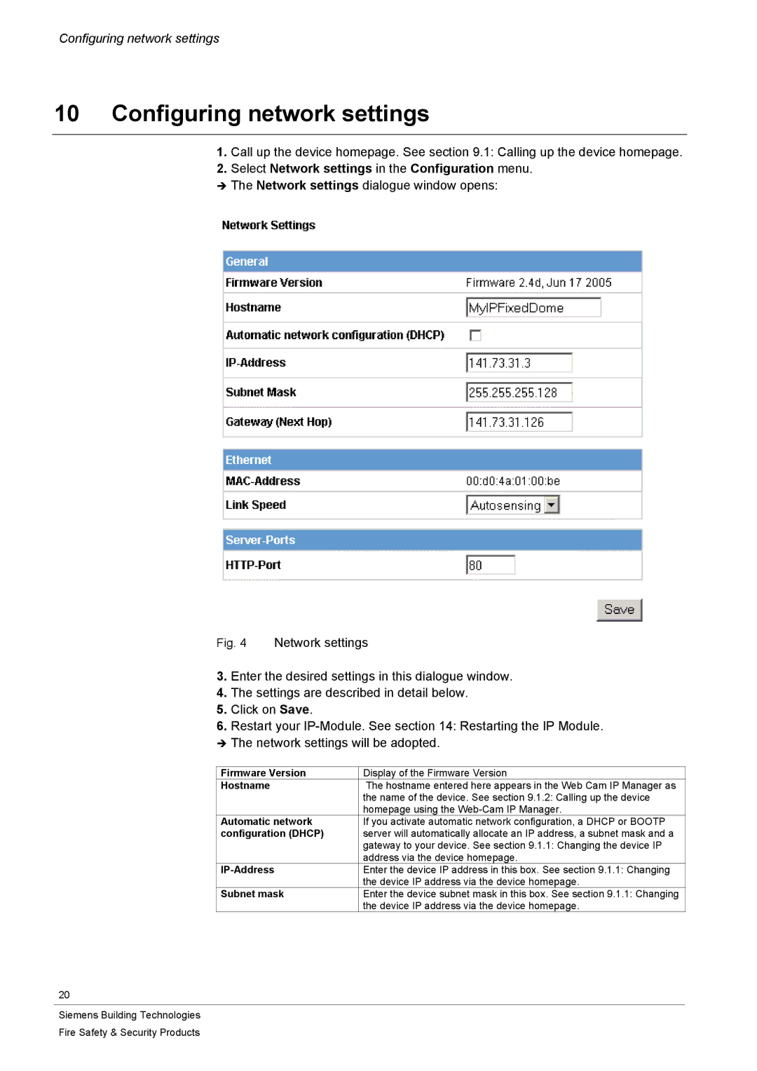 Siemens CFVA-IP user manual Configuring network settings 