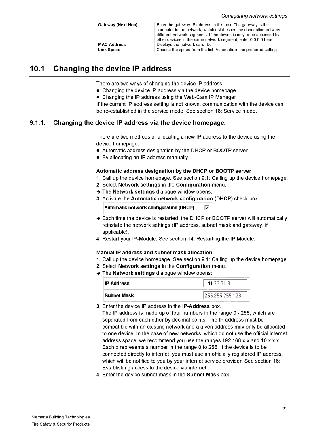 Siemens CFVA-IP user manual Changing the device IP address, Automatic address designation by the Dhcp or Bootp server 