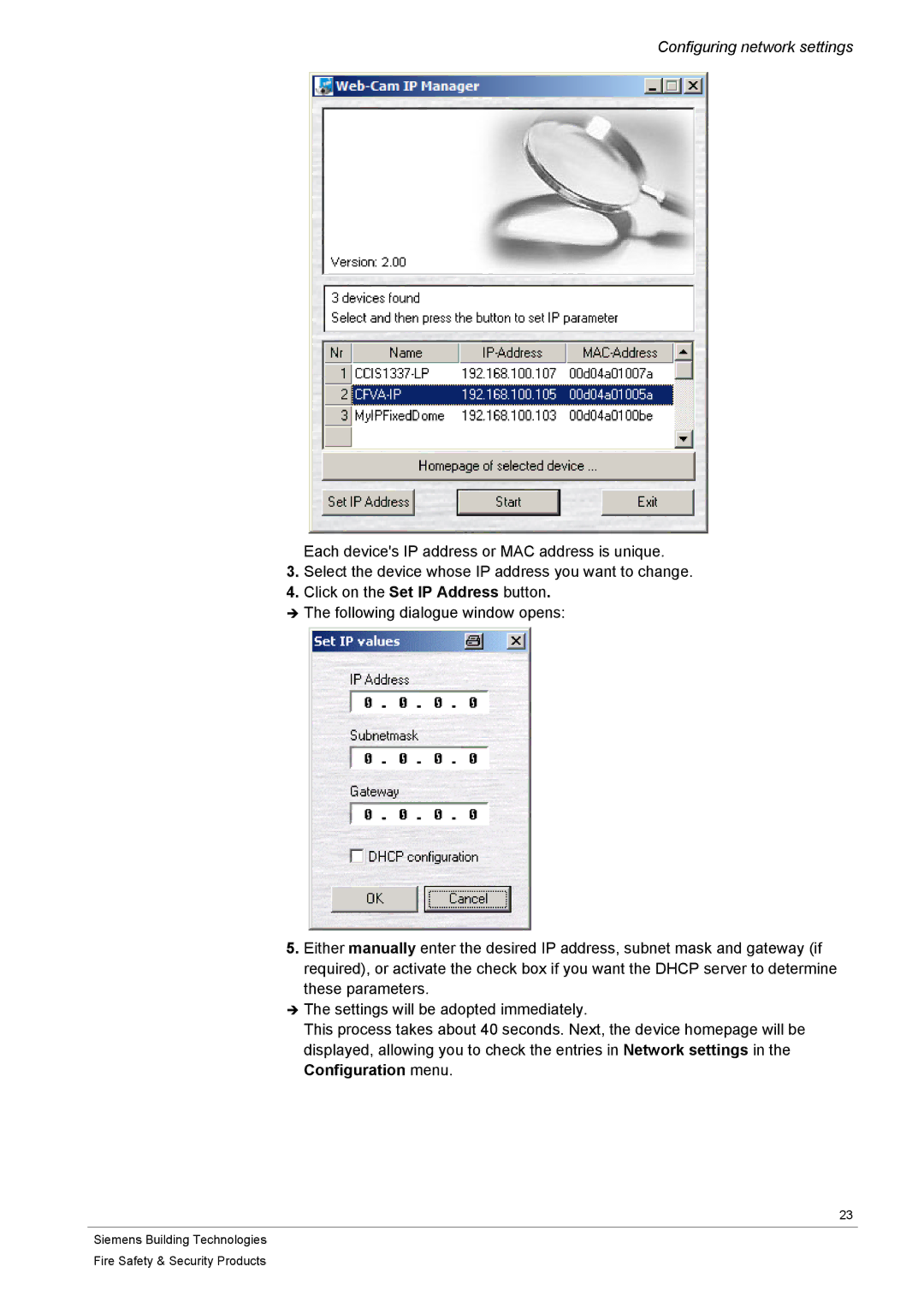 Siemens CFVA-IP user manual Configuring network settings 