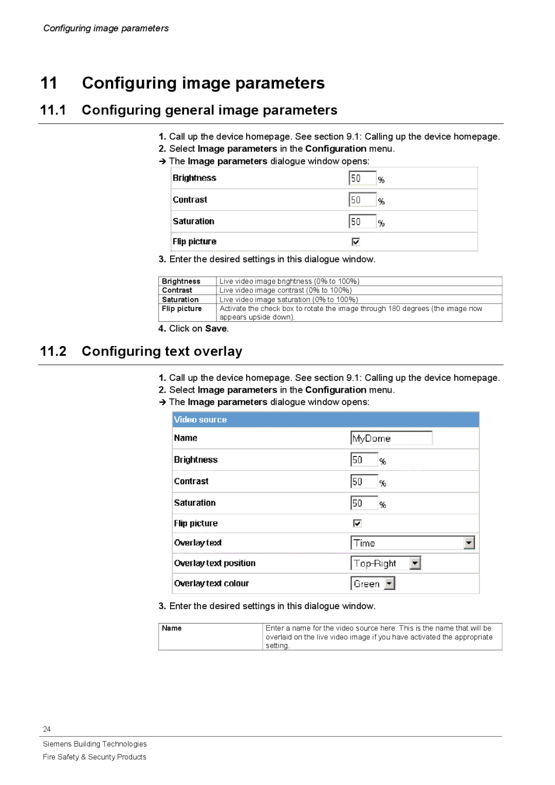 Siemens CFVA-IP user manual Configuring image parameters, Configuring general image parameters, Configuring text overlay 