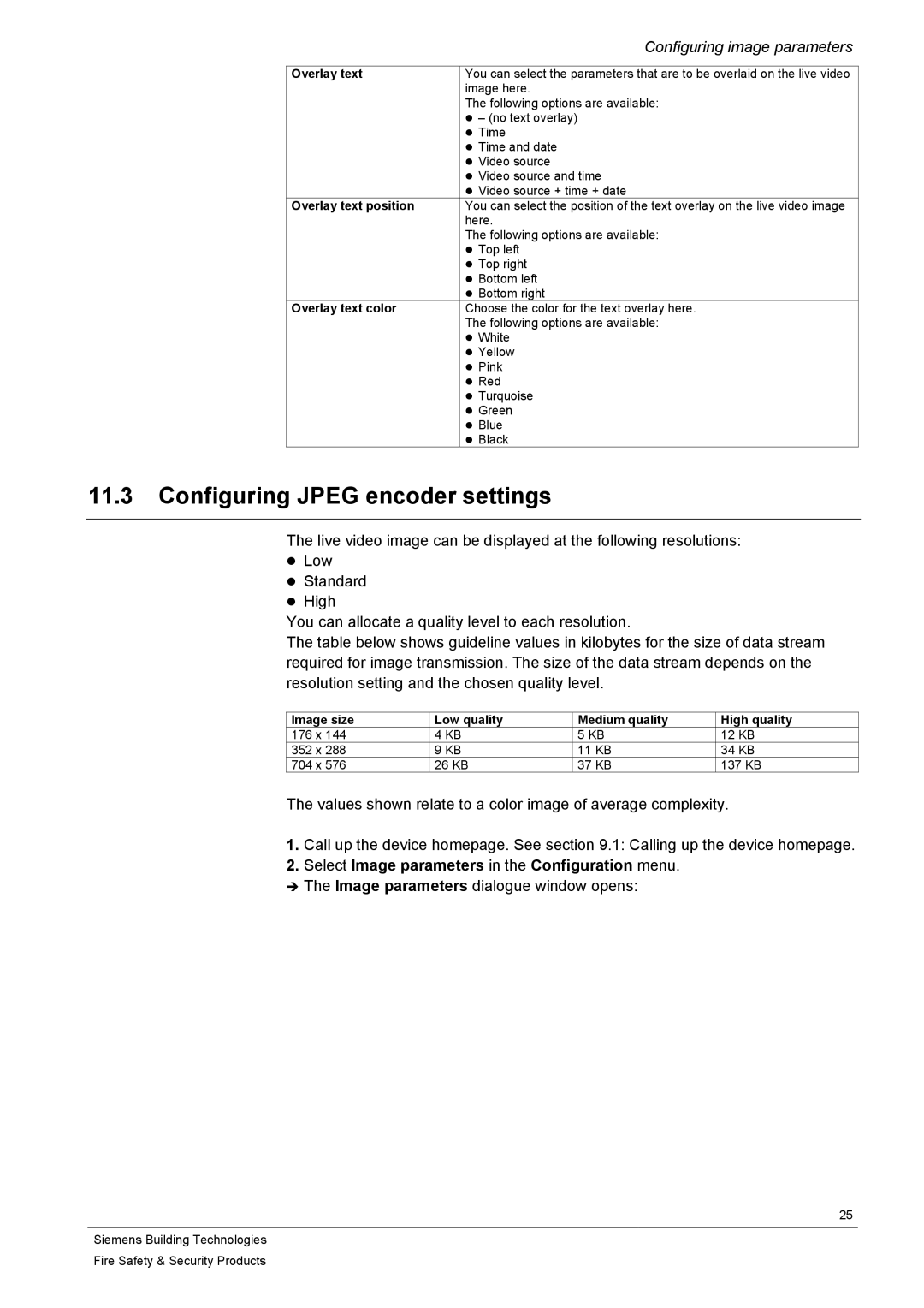 Siemens CFVA-IP user manual Configuring Jpeg encoder settings, Overlay text position, Overlay text color 