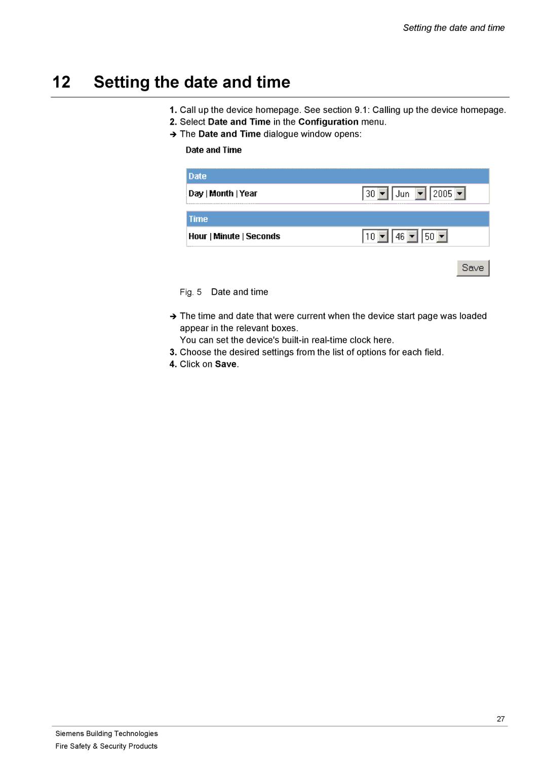 Siemens CFVA-IP user manual Setting the date and time 