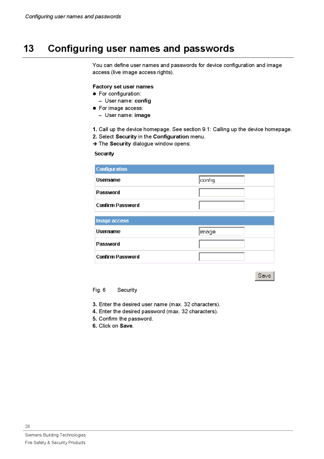 Siemens CFVA-IP user manual Configuring user names and passwords, Factory set user names 