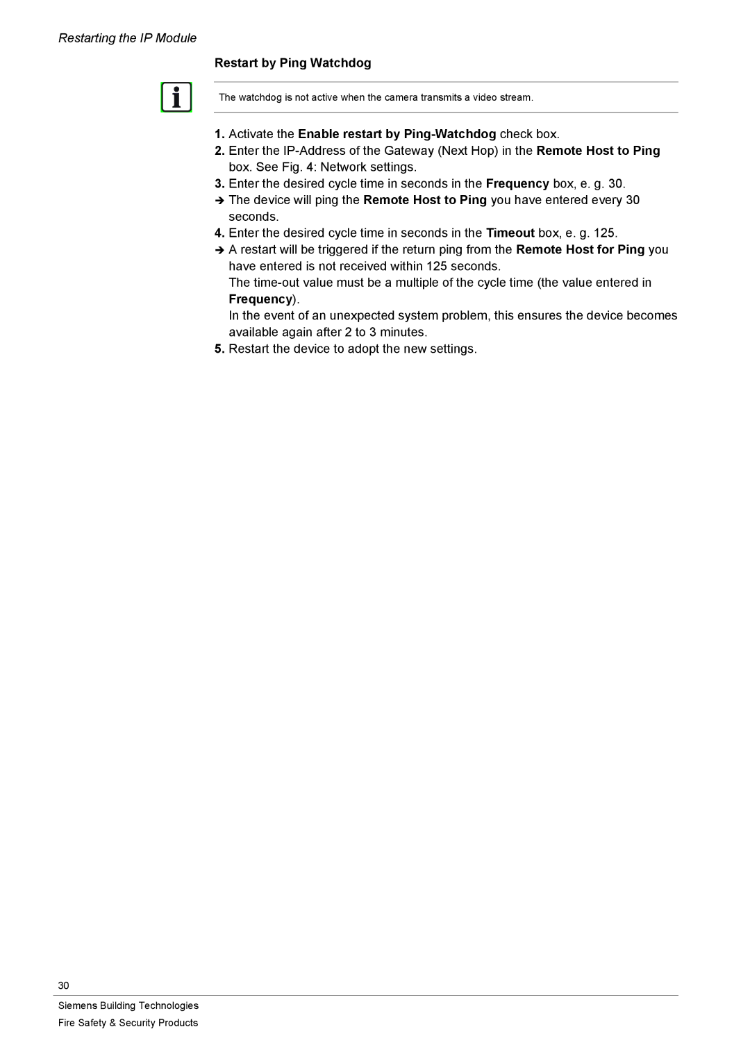 Siemens CFVA-IP user manual Restart by Ping Watchdog, Activate the Enable restart by Ping-Watchdog check box 