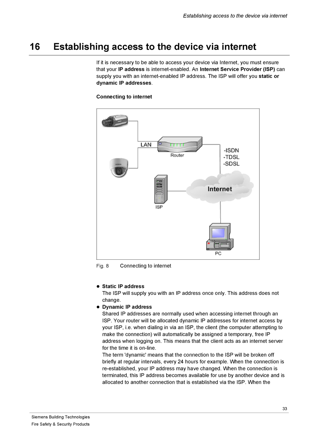 Siemens CFVA-IP user manual Establishing access to the device via internet, Connecting to internet, Static IP address 