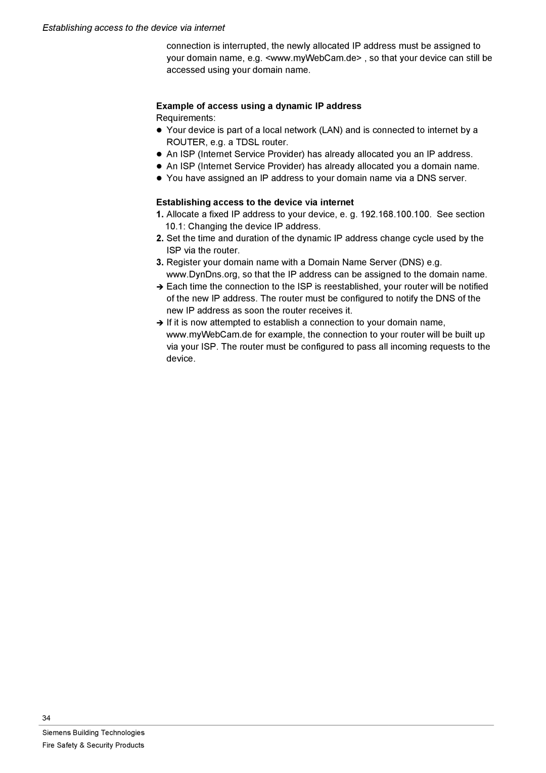 Siemens CFVA-IP user manual Example of access using a dynamic IP address, Establishing access to the device via internet 