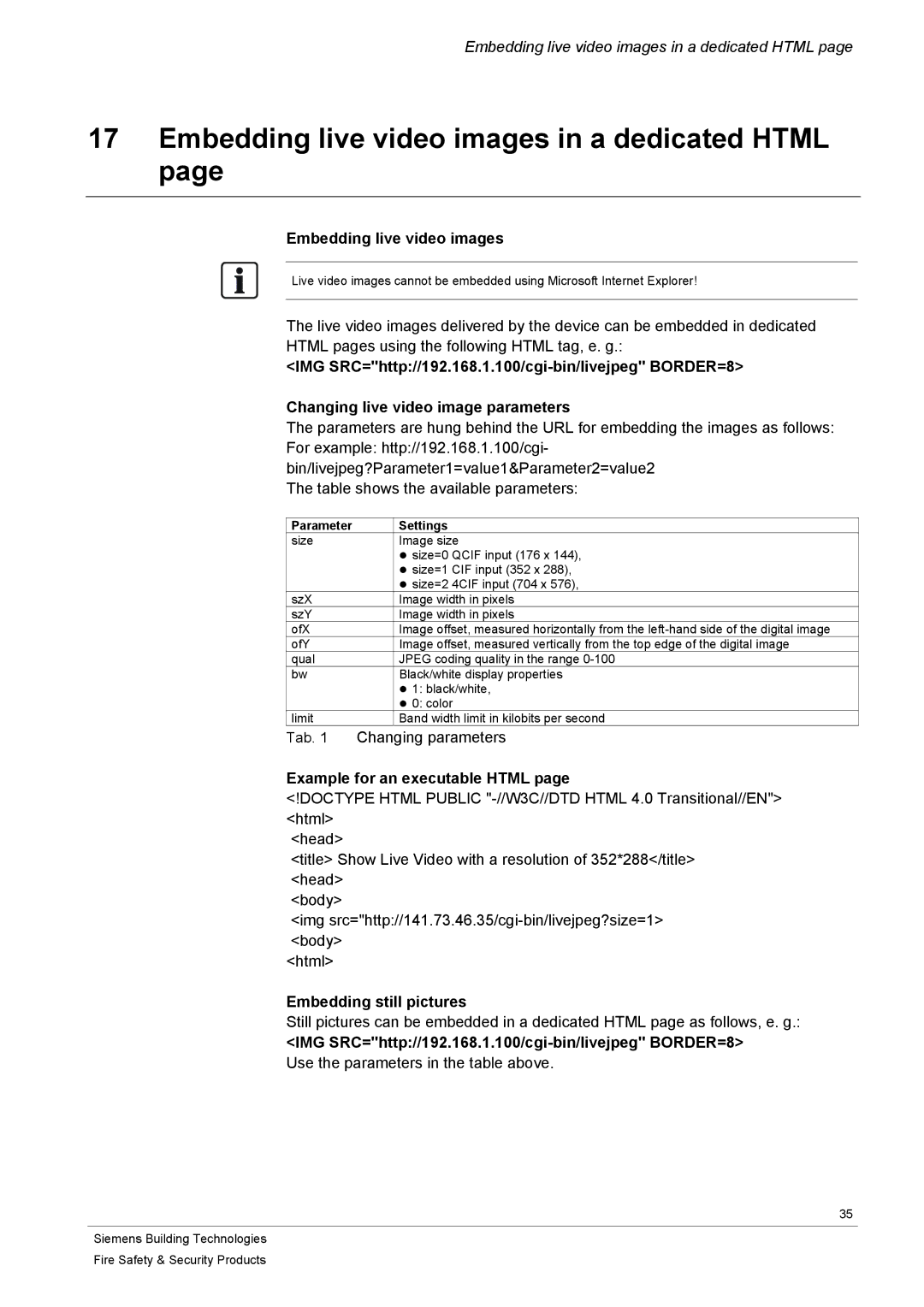 Siemens CFVA-IP Embedding live video images in a dedicated Html, Example for an executable Html, Embedding still pictures 