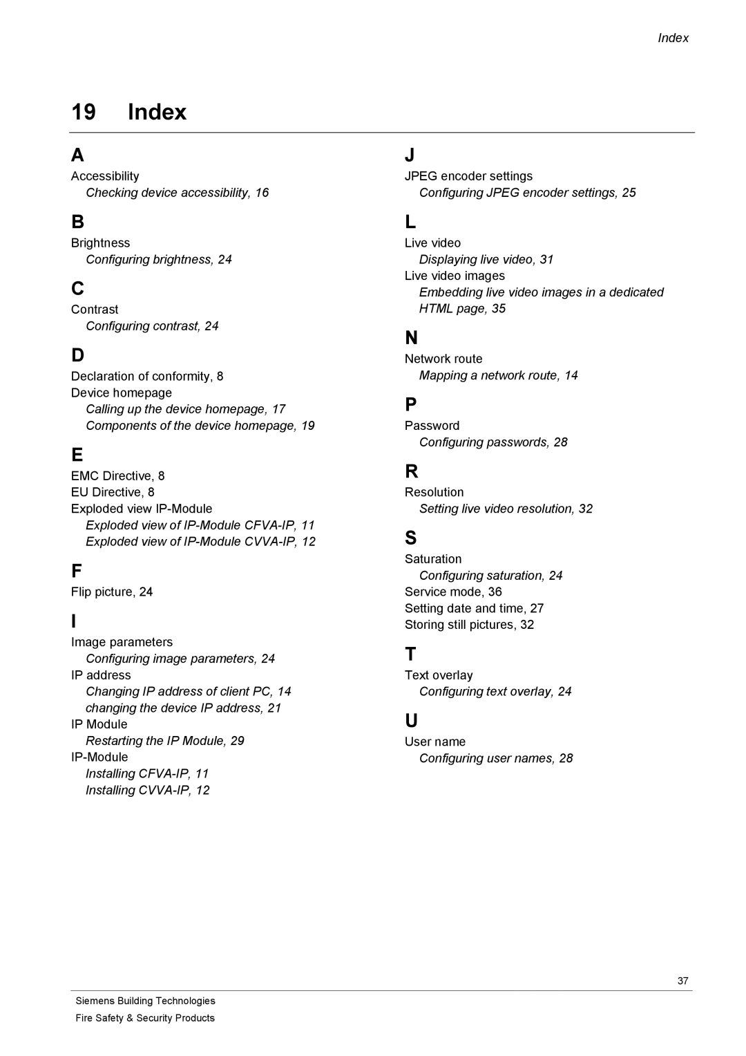 Siemens CFVA-IP user manual Index, Configuring user names 