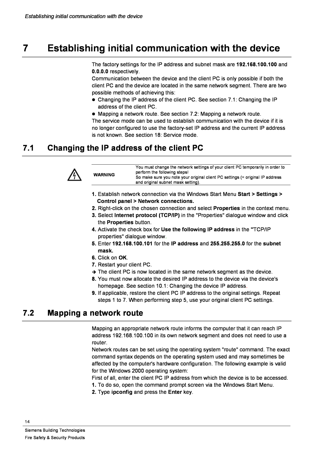 Siemens CFVA-IP 7.1Changing the IP address of the client PC, 7.2Mapping a network route, Control panel Network connections 