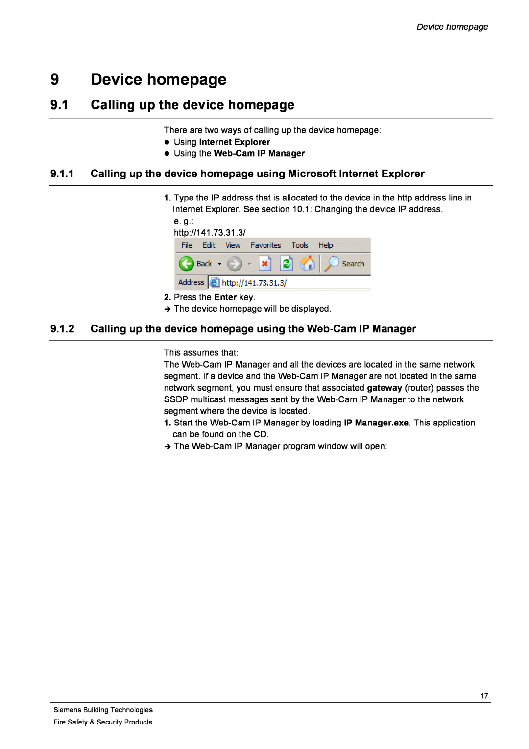 Siemens CFVA-IP user manual Device homepage, 9.1Calling up the device homepage 