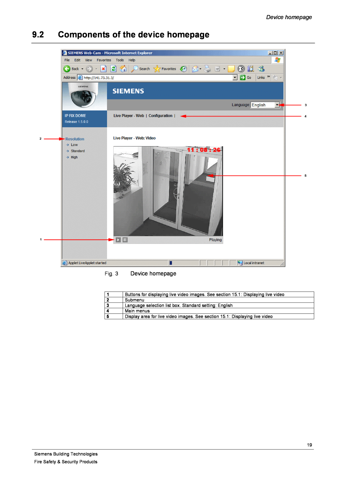 Siemens CFVA-IP user manual 9.2Components of the device homepage, Device homepage 