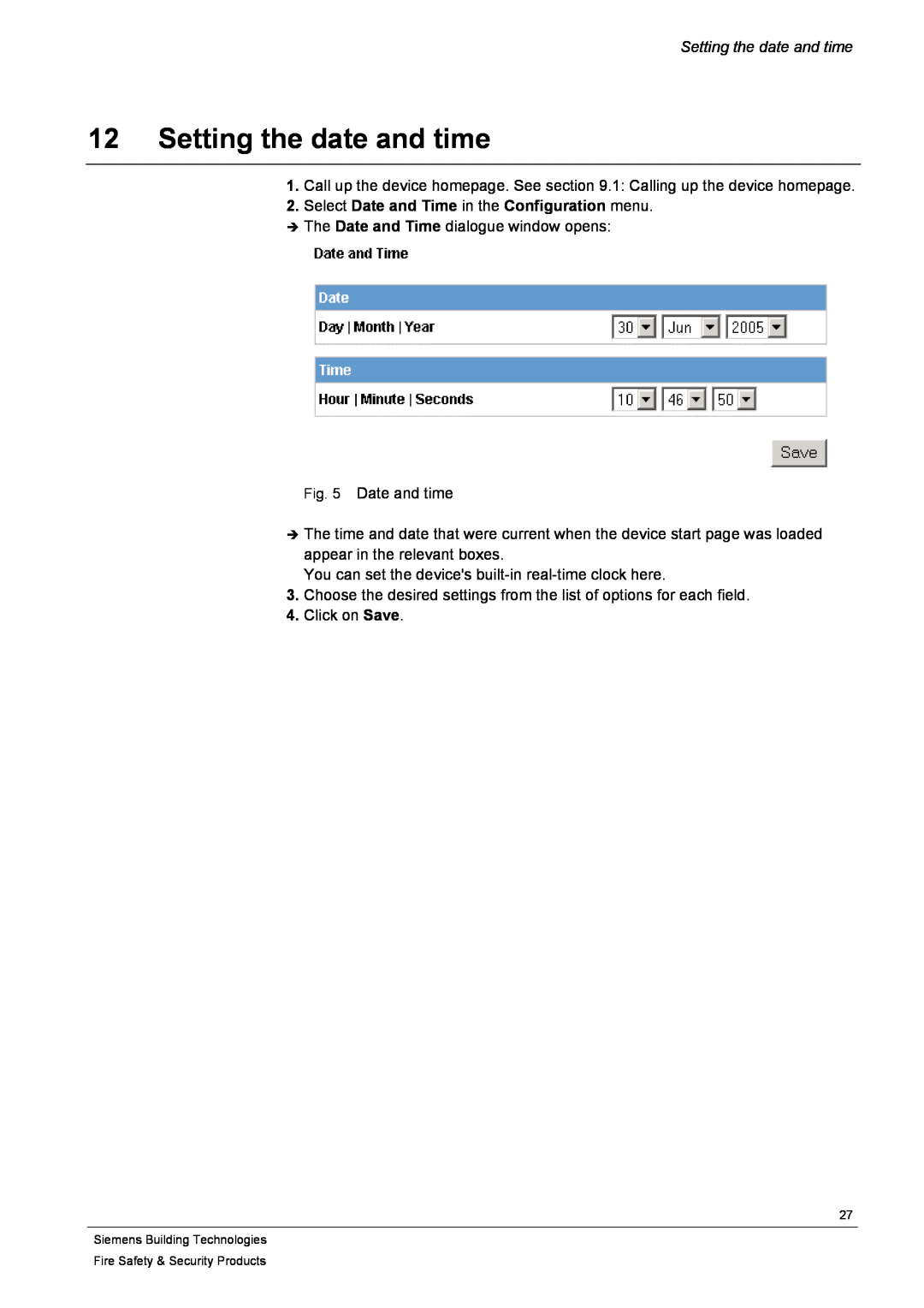 Siemens CFVA-IP user manual 12Setting the date and time 
