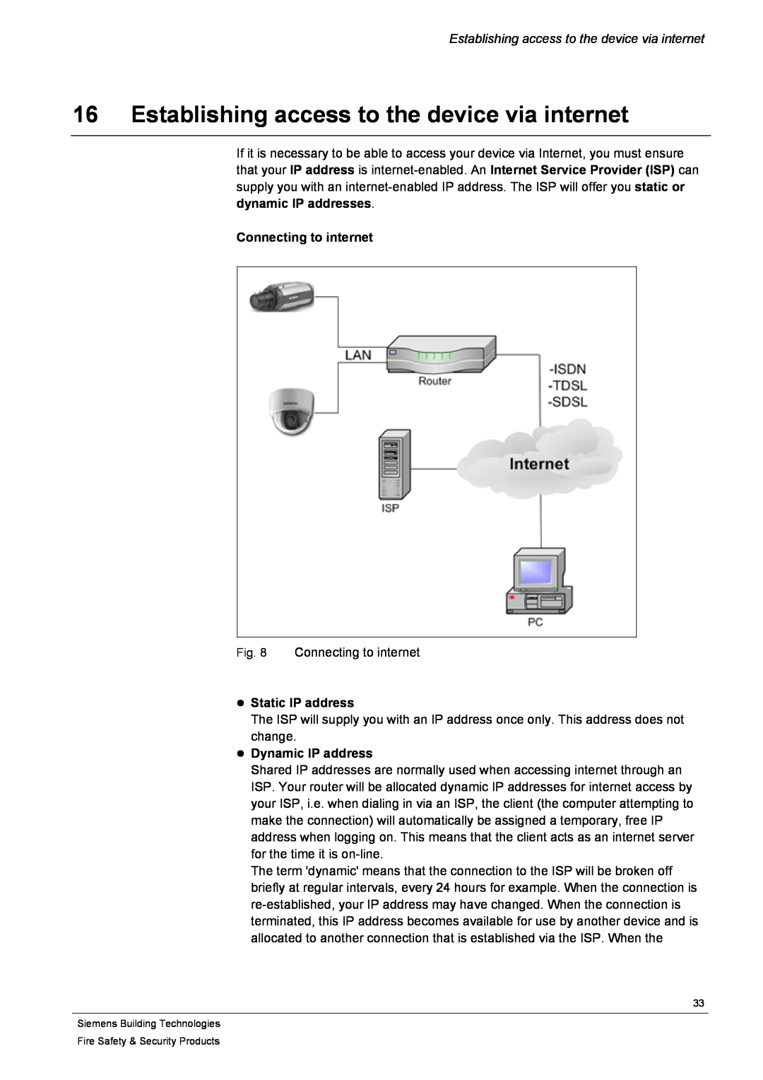 Siemens CFVA-IP user manual Establishing access to the device via internet, Connecting to internet, Static IP address 