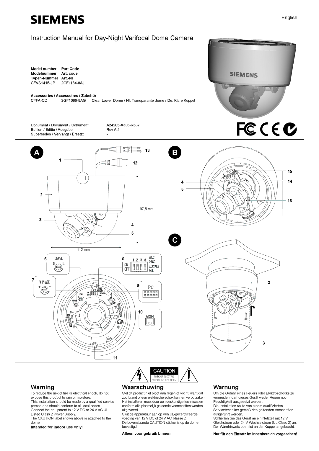 Siemens 2GF1184-8AJ, CFVS1415-LP instruction manual Waarschuwing, Warnung 