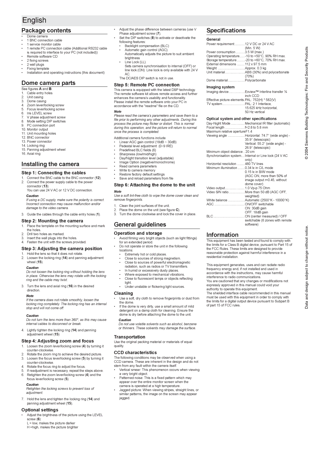 Siemens CFVS1415-LP Package contents, Dome camera parts, Installing the camera, General guidelines, Specifications 