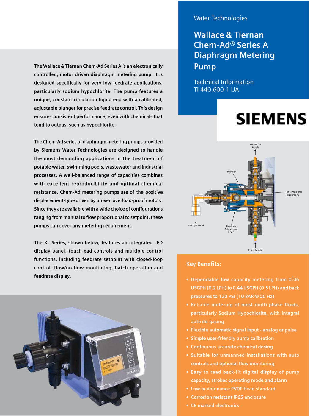 Siemens manual Wallace & Tiernan Chem-Ad Series a Diaphragm Metering Pump 