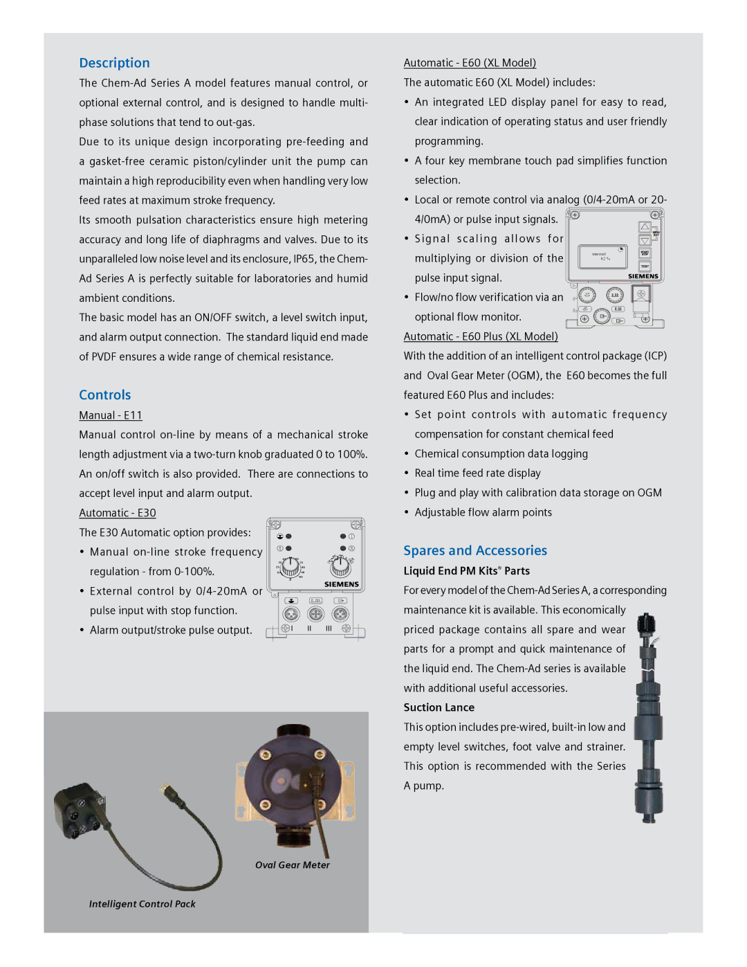 Siemens Chem-Ad Series manual Description, Controls, Spares and Accessories, Liquid End PM Kits Parts, Suction Lance 