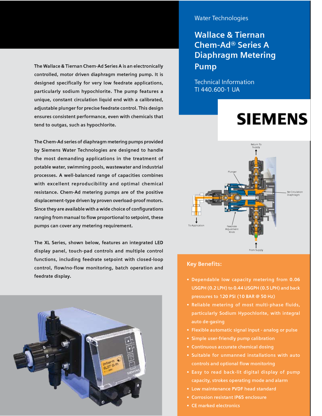 Siemens Chem-Ad Series manual Wallace & Tiernan Chem-AdSeries A, Diaphragm Metering Pump, Water Technologies, Key Benefits 