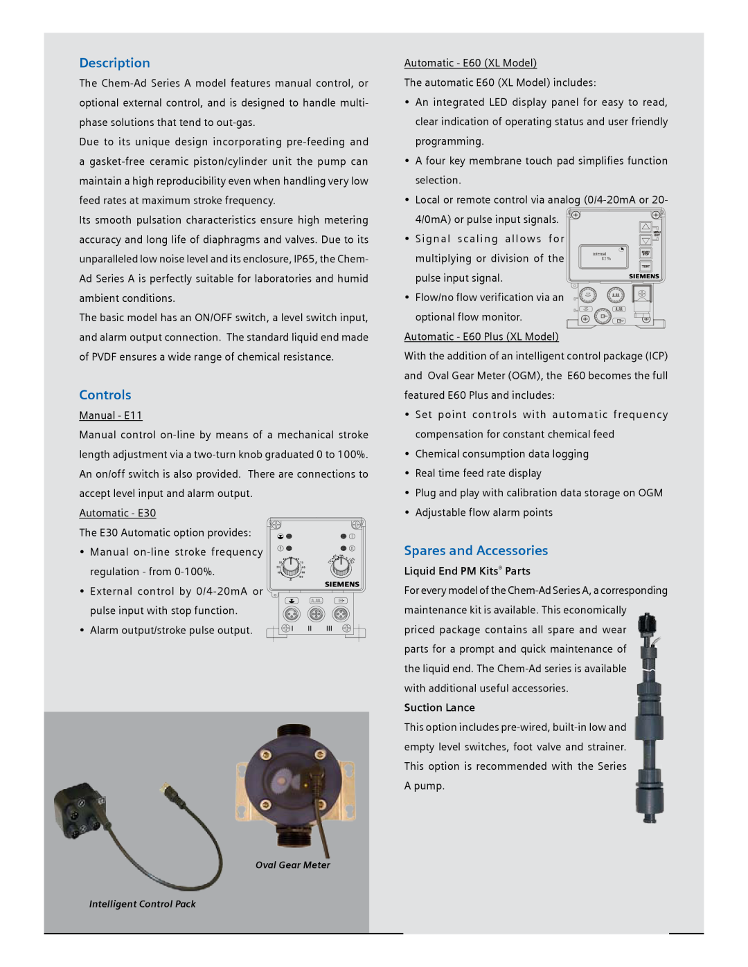 Siemens Chem-Ad Series manual Description, Controls, Spares and Accessories, Liquid End PM Kits Parts, Suction Lance 