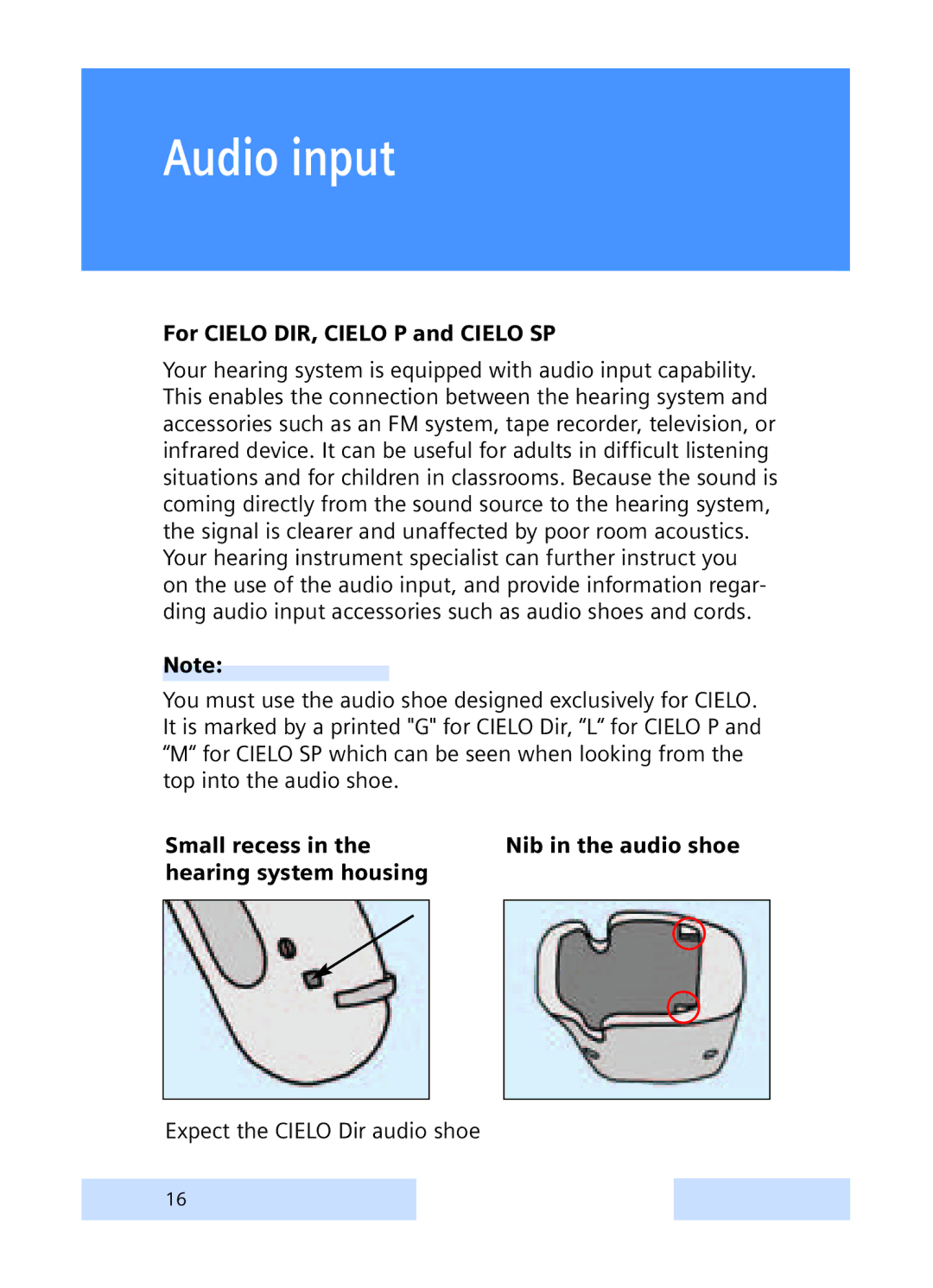 Siemens CIELO manual Audio input, Small recess, Hearing system housing 