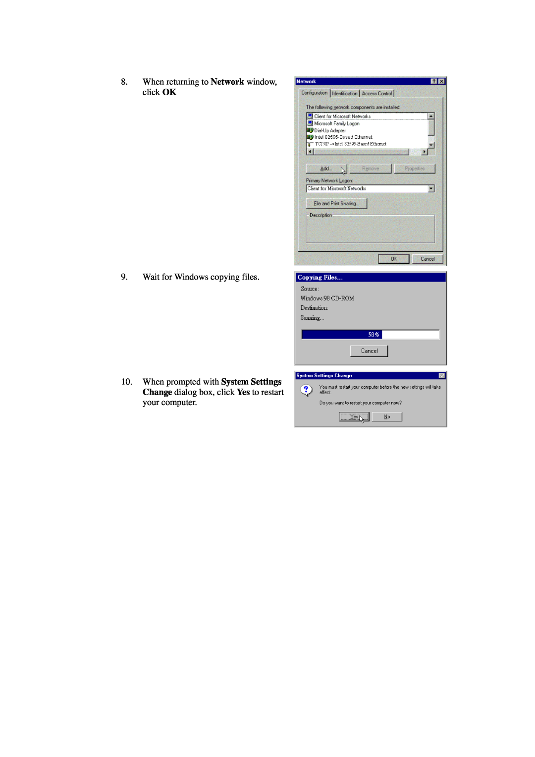 Siemens CL-010-I manual When returning to Network window, click OK, Wait for Windows copying files 