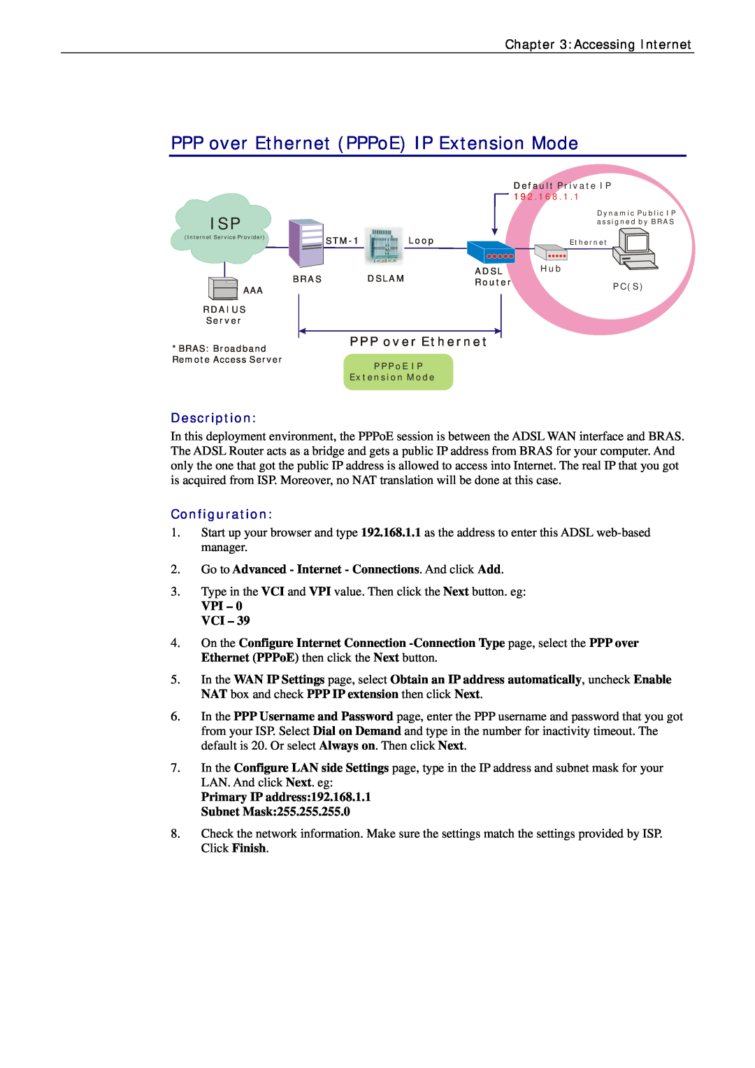 Siemens CL-010-I manual PPP over Ethernet PPPoE IP Extension Mode, Description, Configuration, VPI - 0 VCI 